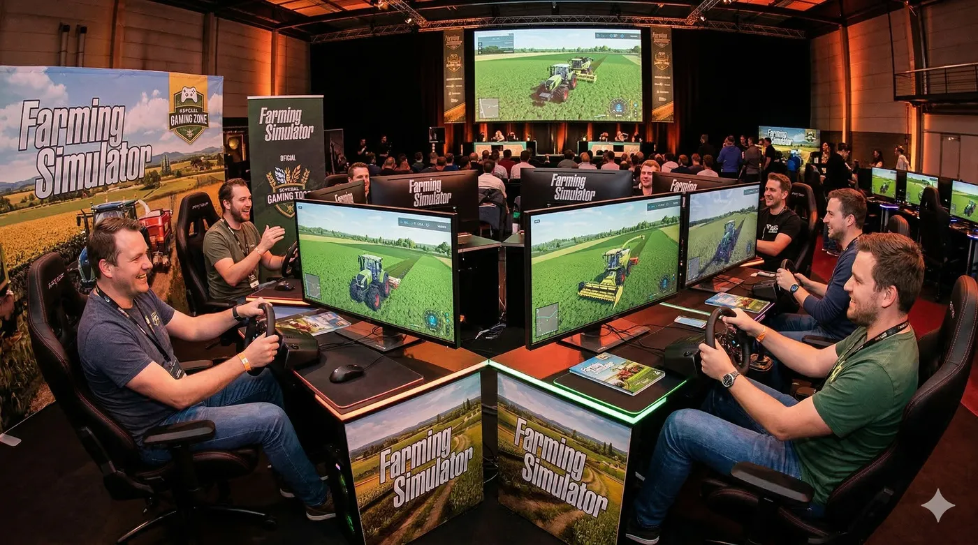 Groep deelnemers speelt Farming Simulator op grote schermen tijdens een game-event van WePlay United