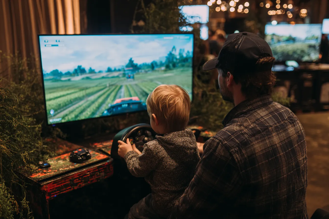 Vader en kind spelen samen Farming Simulator op een professioneel game station tijdens een event