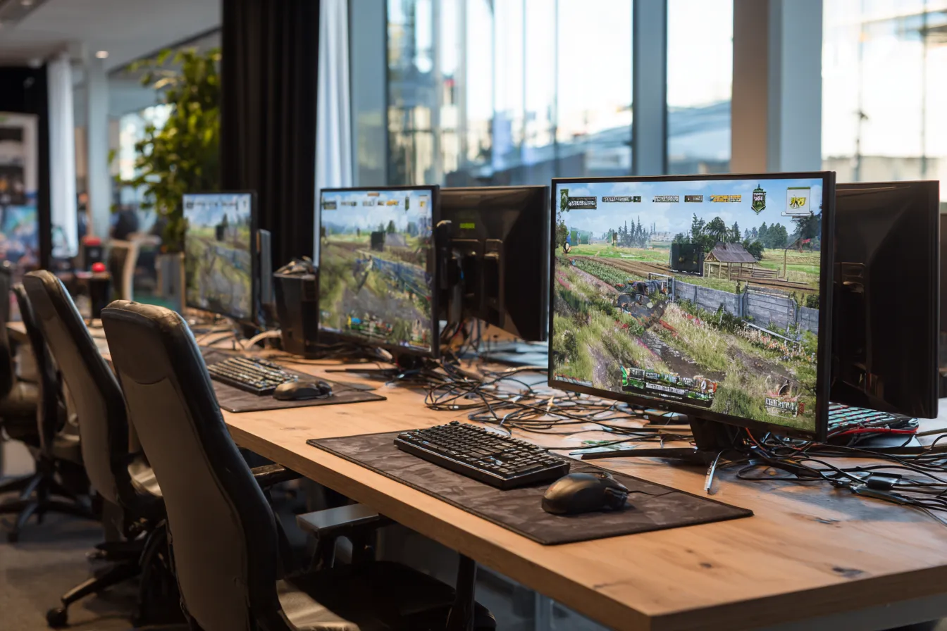 Farming Simulator gaming stations opgesteld in een professionele event-omgeving
