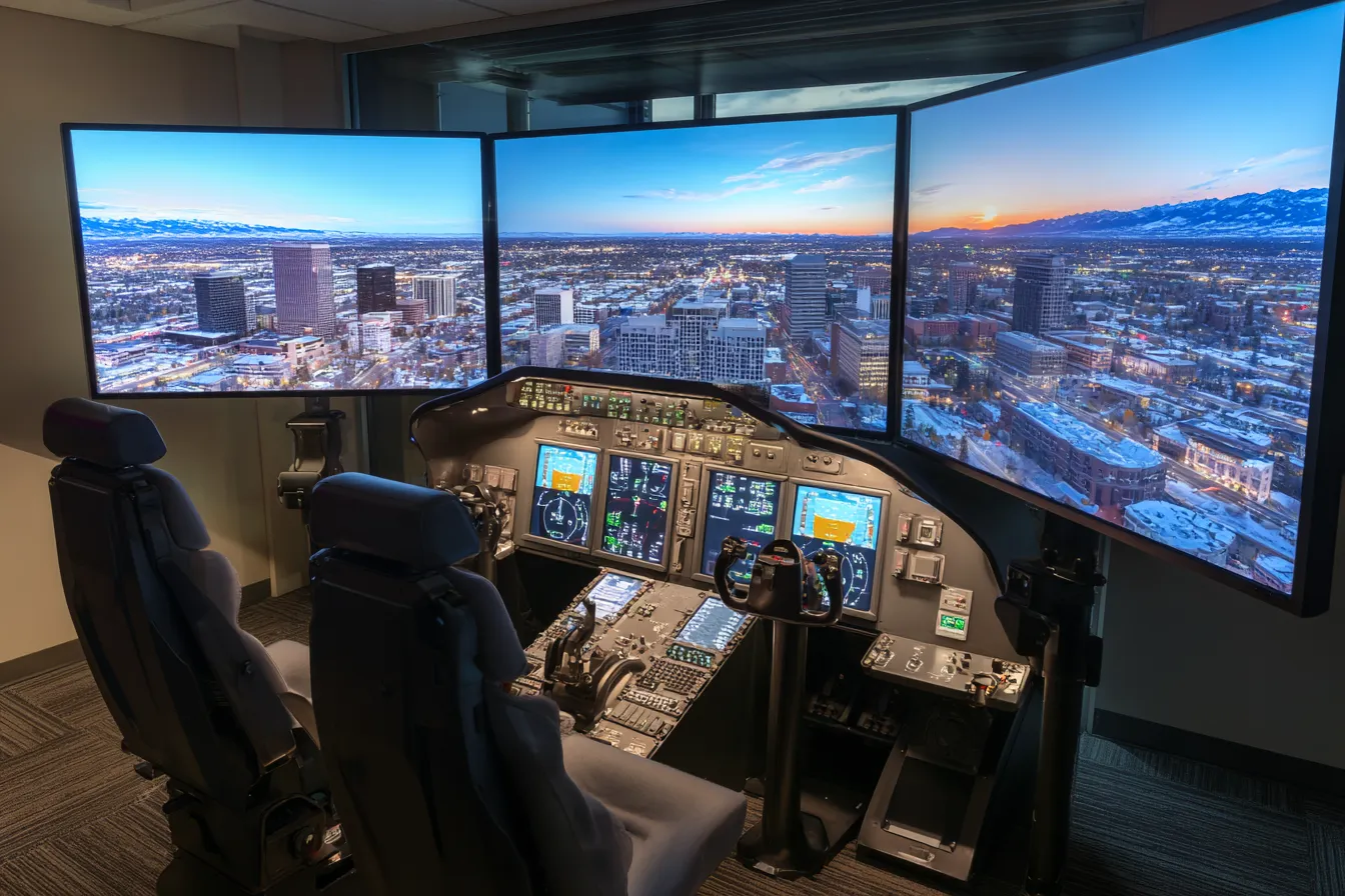 Deelnemers stappen in de rij om te vliegen in een professionele vluchtsimulator tijdens een WePlay United evenement