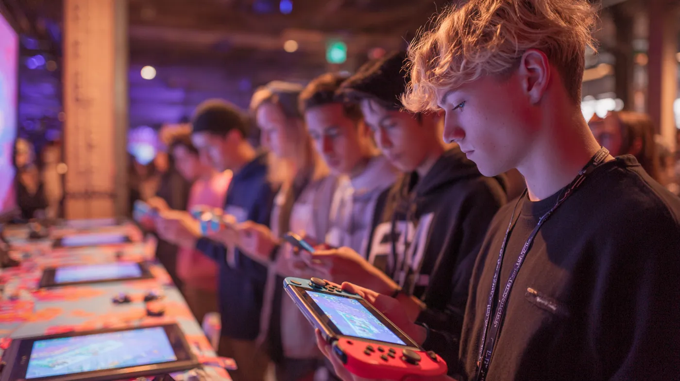 Leerlingen bij een game-event op school met Nintendo Switch consoles