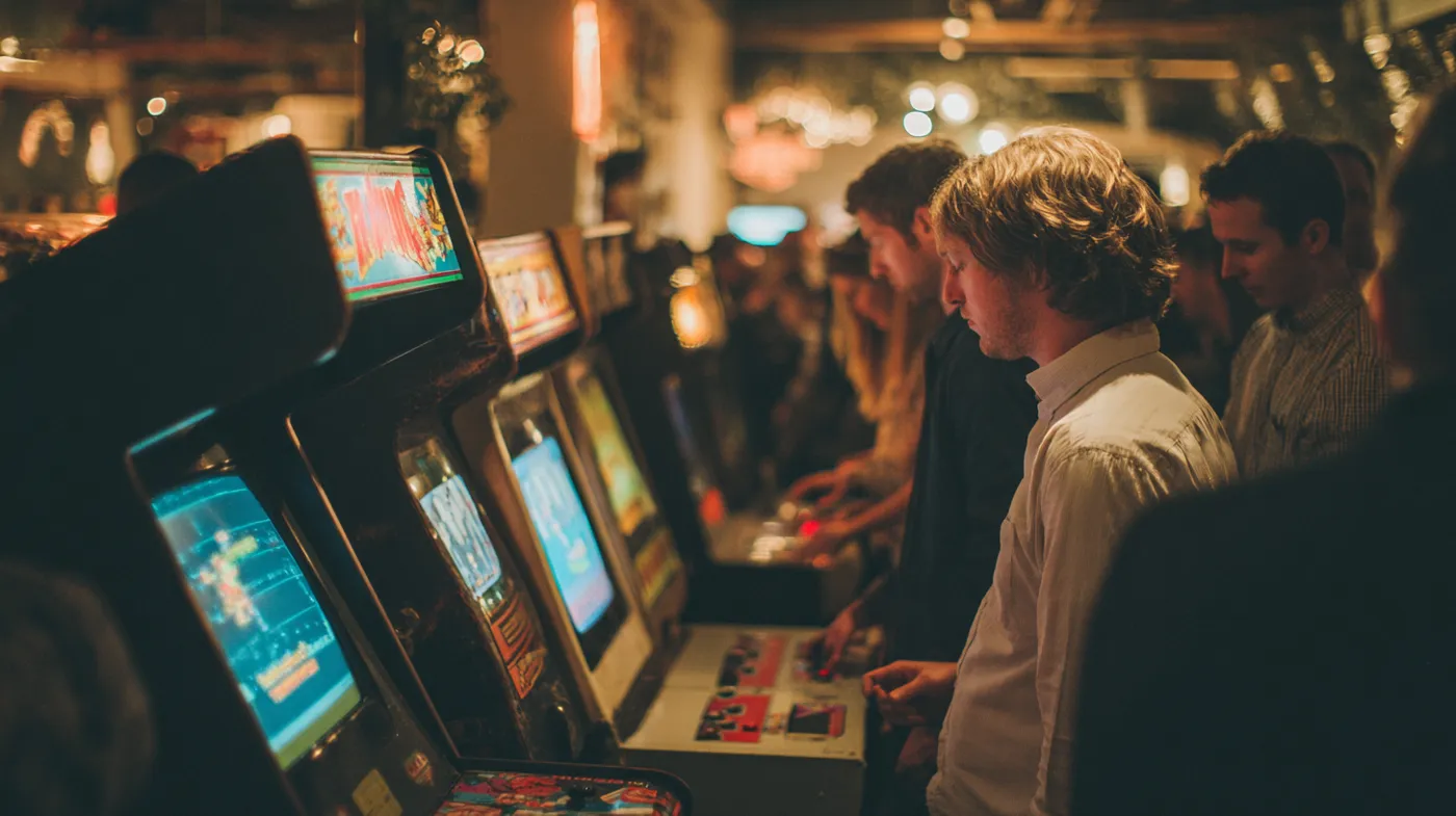 Gemengde groep deelnemers speelt retro arcadespellen naast elkaar tijdens een nostalgisch game-evenement