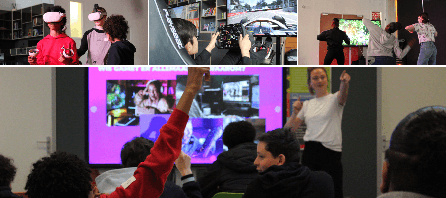 Overzichtsfoto van de activiteitendag bij Yuverta met Just Dance, F1 racen, Virtual reality en een interactieve presentatie over verantwoord gamen